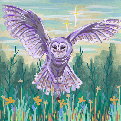 Owl in wildflowers animal artwork bird colourful contemporary art floral flowers foliage gouache illustration landscape modern art painting plants scene sky sparkles stars traditional art trees