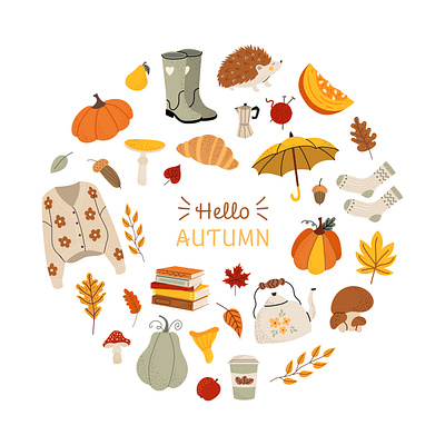 Hello Autumn vector illustration art autumn collection cute design fall flat design illustration leaves pumpkin season set