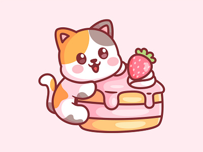 Cake Cat 🐱 🍰 adorable animal birthday cake cartoon cat character cute flat happy illustration joyful kitten mascot strawberry sugar vector