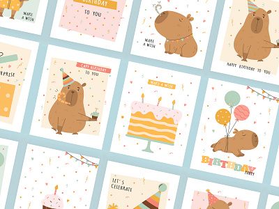 Capybara Birthday card collection animal birthday birthday card capy capybara card collection cute animal design graphic design happy birthday illustration invitation pet poster vector