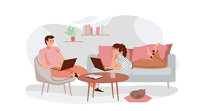Working at Home 2D Animation 2d animation flat freelance freelancer illustration job man meeting motion remote work team woman work work from home work online workng process workspace