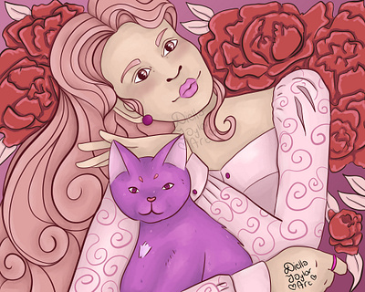 Pink Lady and her Cat digital art digital illustration