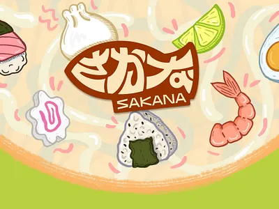 Sakana japanese restaurant logo & illustration asian asian food bun doodle fish hiragana japanese japanese restaurant logo logo design onigiri ramen restaurant shrimp sushi