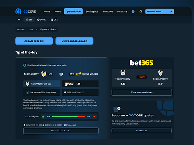 Wip: Esports betting, ultra excited about this project bookie booking bookmaking esport esports odds pickems picks sport tip tips ui uiux ux vager wager