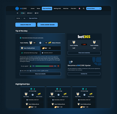 Wip: Esports betting, ultra excited about this project bookie booking bookmaking esport esports odds pickems picks sport tip tips ui uiux ux vager wager