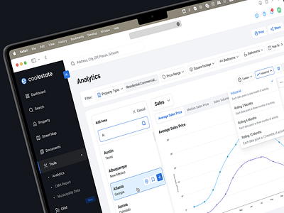 Property Analytics Interface analytics chart dashboard data data visualisation estate filters interface real estate side menu sort sorting statistics ui uiux usability user friendly ux