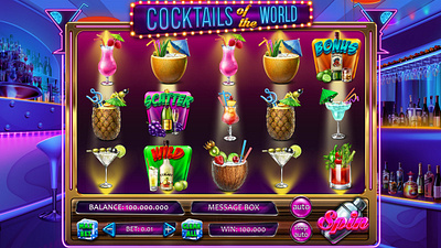 The Main UI for the online slot machine "Cocktails of the World" character art characters cocktail cocktails symbols digital art gambling gambling art gambling design game art game design game ui graphic design reels reels ui slot design slot reels slot symbols slot ui symbols art ui