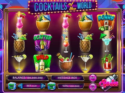 The Main UI for the online slot machine "Cocktails of the World" character art characters cocktail cocktails symbols digital art gambling gambling art gambling design game art game design game ui graphic design reels reels ui slot design slot reels slot symbols slot ui symbols art ui
