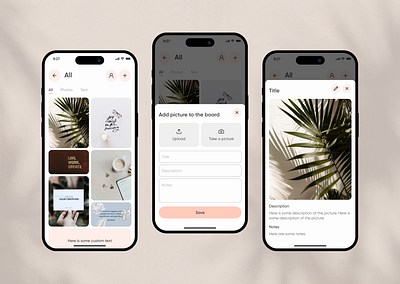 Visual Board Mobile App aesthetic app inspirational app mobile app design mobile ui moodboard app motivational app pinterest ui ux visual board