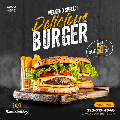 Burger social media post design adobe photoshop banner branding burger burgers design fast food food graphic design illustration poster poster design resturent