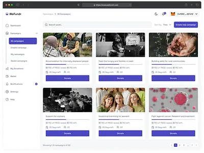 Charity donation dashboard - Campaigns page cryptocurrency dashboard ui