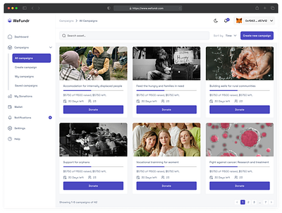Charity donation dashboard - Campaigns page cryptocurrency dashboard ui