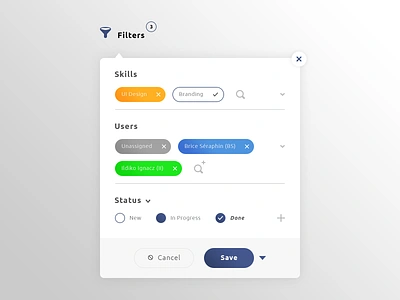 Filters popup brand branding cancel save design filters graphic design illustration illustrator ai in progress jobs ksills photoshop psd popup print designer senior designer seraphinbrice.fr status typo typography ui ux designer uix users