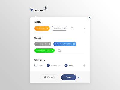 Filters popup brand branding cancel save design filters graphic design illustration illustrator ai in progress jobs ksills photoshop psd popup print designer senior designer seraphinbrice.fr status typo typography ui ux designer uix users