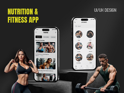 Fitness & Nutrition App | Daily Workout ai generative models black design bodybuilding branding dark mode dietfood fitness freelancer graphic design gym health healthylifestyle home page logo model nutrition profiles page setting page sport workout