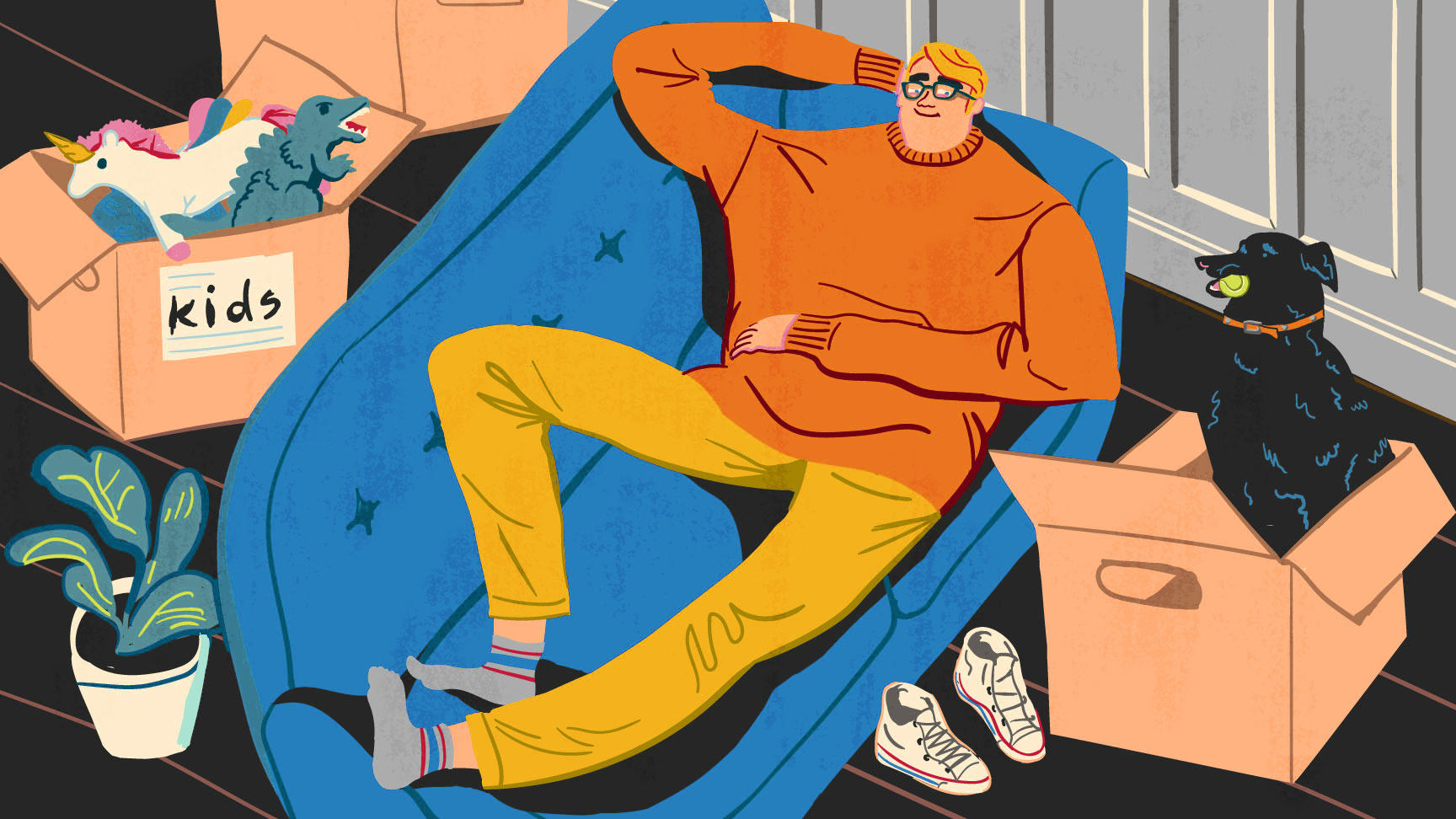 Peace of Mind - What’s Your ‘Mover Persona’? bold colorful design dog editorial hipster home illustration lifestyle moving house pet real estate young person