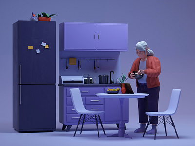 Cooking in the kitchen (cough) 3d 3d animation 3d character 3d kitchen animation blender c4d character character animation character design cook cooking cough dinner explainer grandmother health healthcare kitchen pancakes