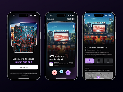 EventFinder | Discover local event appdesign appinterface artshows cards cityevents concerts designinspiration eventapp eventdiscovery eventfinder eventguide eventplanning foodfestivals gradient mobileapp mobileui outdoormovies tikets ui ux