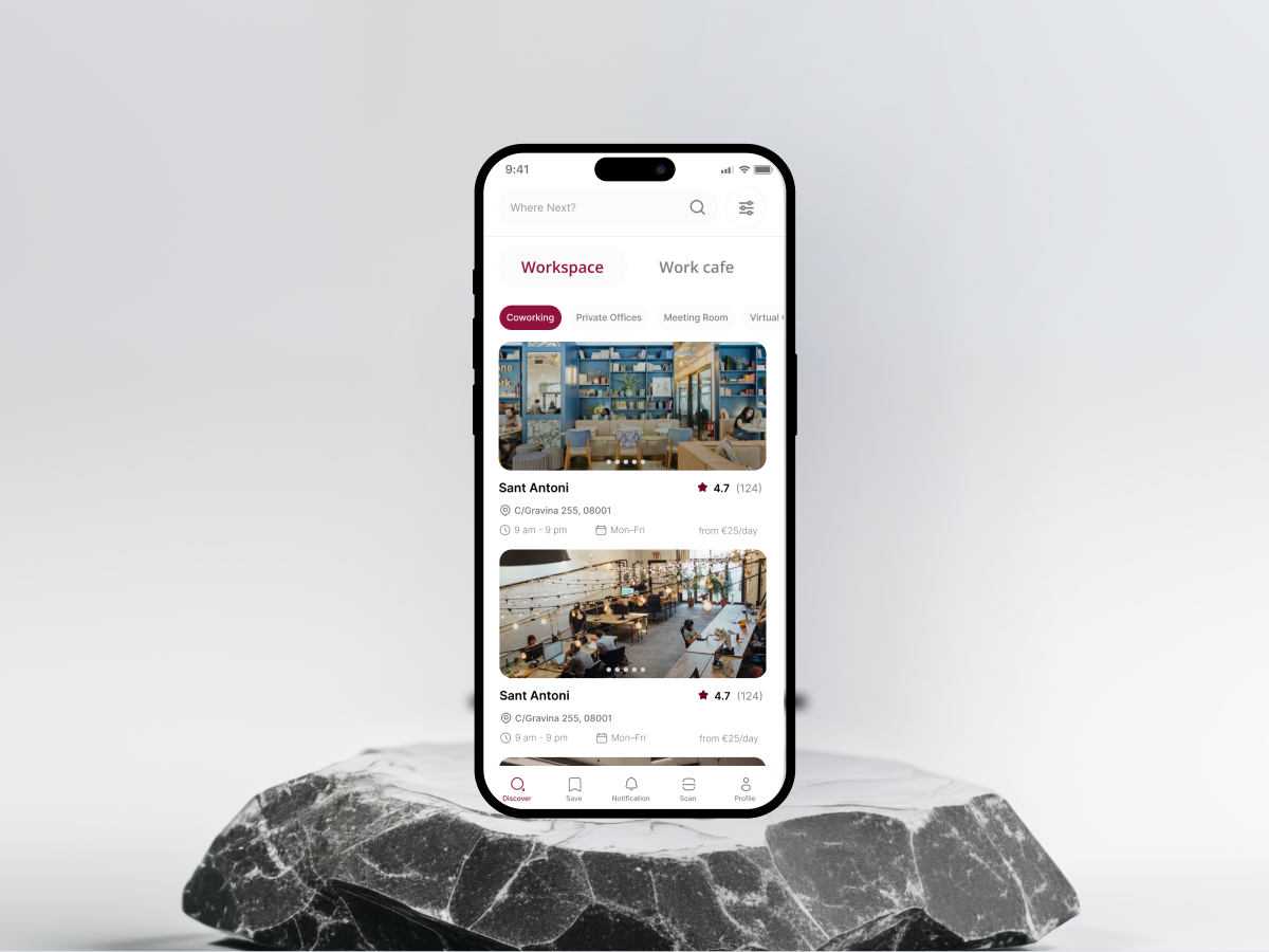 ✦Co Working Space Finder App animation app busineshub co working space finder app coworking coworking space app crimson figma mobile mobile ui officespace remote work ui ux