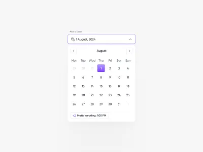 Calendar 🪄 black calendar clean component dailyui date datepicker design figma input minimal purple ui uiux ux white