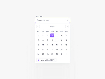 Calendar 🪄 black calendar clean component dailyui date datepicker design figma input minimal purple ui uiux ux white