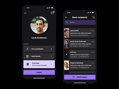 Bank Recipients with Tybr app apple bank contact design digital finance fintech ios mobile profile ui ui design uiux ux