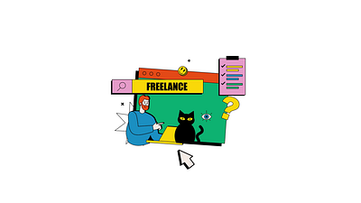 Freelance Work 2D Animation 2d animation cat computer creativity flat freelance freelancer gif illustration lottie man motion online business pets project management remote work time management work work from home