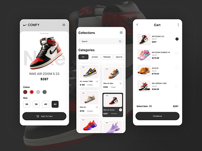 Nike E-Commerce Mobile App animation app branding cart ecommerce ecommerce app furniture mobile app nike product shoe shoppoing