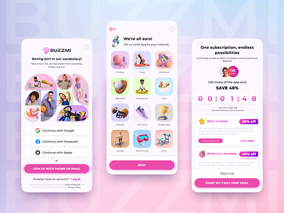Buzzmi - socializing and fitness app sign up app challenge creator event fitness hobbies interests log in shopping sign in sign up social media socializing sport subscription ui ux workout yoga