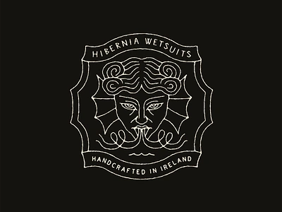 Hibernia Wetsuits ancient badge branding graphic design illustration logo mythology ocean surf vintage