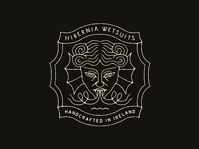 Hibernia Wetsuits ancient badge branding graphic design illustration logo mythology ocean surf vintage