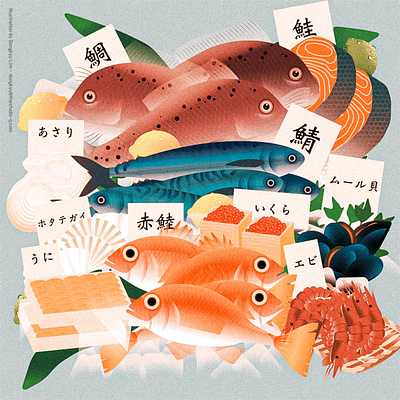 Plates of seafood cuisine fishes fishmarket illustration japanese cuisine sashimi seafood