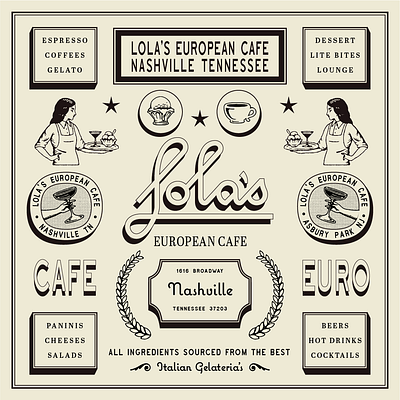 Lola's branding cafe cocktails coffee european gelato graphic design illustration logo restaurant