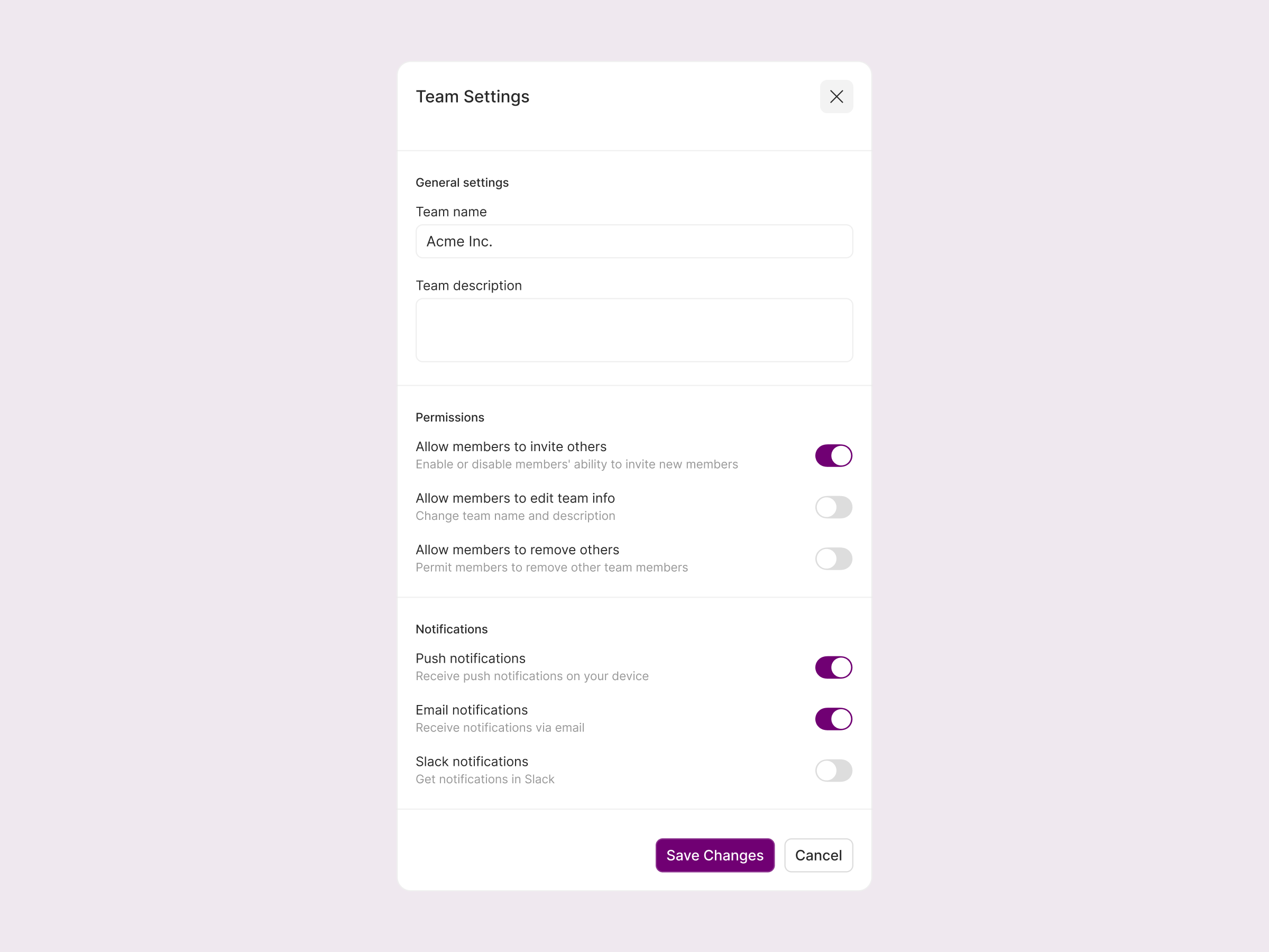 Team settings allow component design exploration disallow figma general settings light mode modal notifications permissions product design save changes team description team name team settings turn on and off ui ux web web design