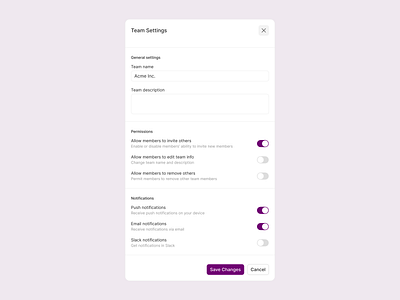 Team settings allow component design exploration disallow figma general settings light mode modal notifications permissions product design save changes team description team name team settings turn on and off ui ux web web design