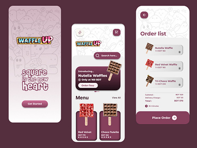 Waffle Shop UI Design branding cake desert figma food app food delivery app graphic design jitter mobile app mockup software design sweet ui ux waffle