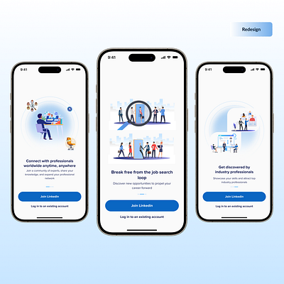 Linkedin Mobile App Redesign (Onboarding, Login & Sign-up) app app redesign branding design figma linkedin mobile mobile app redesign redesign ui ui design uiux uiuxdesign uiuxdesigner ux ux design