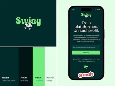 Swing · Plugin and App for Creative Freelancers agency app behance brandbook branding freelance golf green illustration logo mascot mobile app palette portfolio recruitment saas typography webdesign webflow website