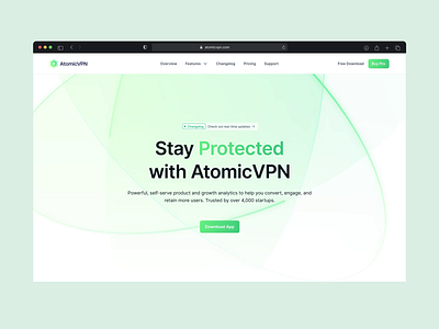 Atomic VPN website hero animated background animation app atom atomic branding green hero protection service vpn web3 website