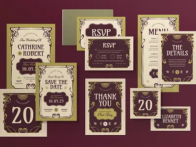 Vintage Art Nouveau Wedding Set Invitation art nouveau art nouveau style brown card celebration graphicook invitation invitation card marriage rsvp card vintage wedding wedding invitation