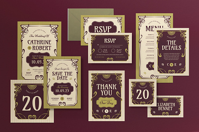 Vintage Art Nouveau Wedding Set Invitation art nouveau art nouveau style brown card celebration graphicook invitation invitation card marriage rsvp card vintage wedding wedding invitation