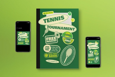 Green Retro Tennis Tournament Flyer Set graphicook green retro retro style sport tennis tennis sport tennis tournament tournament event vector