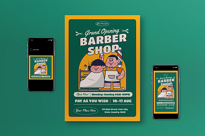 Green Flat Design Grand Opening Barbershop Flyer Set barber barber shop flat design flat design style grand opening grand opening store graphicook green vector