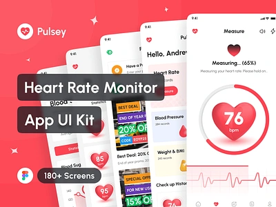 Pulsey - Heart Rate Monitor App UI Kit app app design application case study design design system figma health health tracker heart rate monitor interface mobile portfolio project pulse monitor template ui ui design ui kit uiux