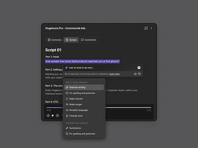 Script creation by AI - dark mode ai component dark ui icons modal script writer ai text editor ui ux