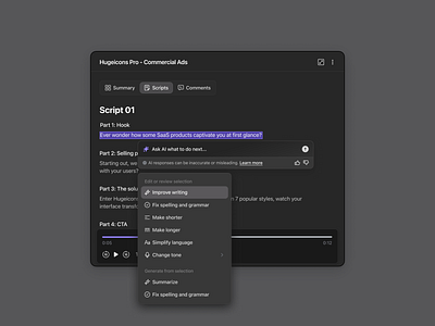 Script creation by AI - dark mode ai component dark ui icons modal script writer ai text editor ui ux