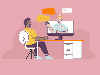 Chat call character characters chat design desk gif heart illustration impact justeat team ui vector video