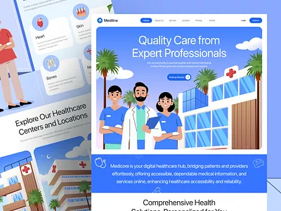 Medline - Healthcare Website Design 2d illustration app branding business website design doctor landing page graphic design header healthcare homepage hospital illustration illustration landing page landing page medical illustration product design saas trend uiux vector