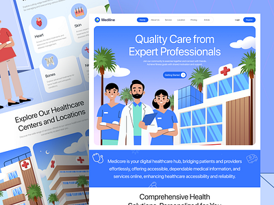 Medline - Healthcare Website Design 2d illustration app branding business website design doctor landing page graphic design header healthcare homepage hospital illustration illustration landing page landing page medical illustration product design saas trend uiux vector