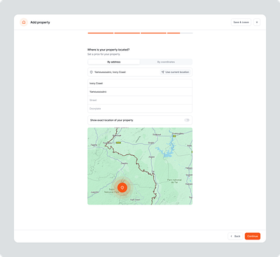 Immobilis - Add property location b2b saas clean fields location map minimal progress property listing property location property management saas stepper steps tabs ui web app